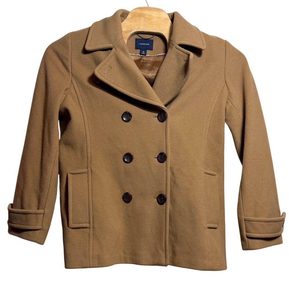Lands End Womens Camel Wool Cashmere Blend Pea Coat Tan Size 14 404772
